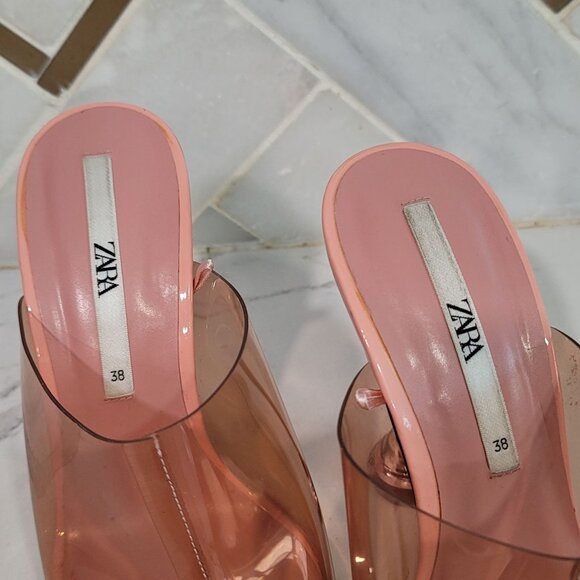 ZARA Vinyl heeled mules pointed toes transparent heels rose color Size 38 US 7.5 - Picture 5 of 15